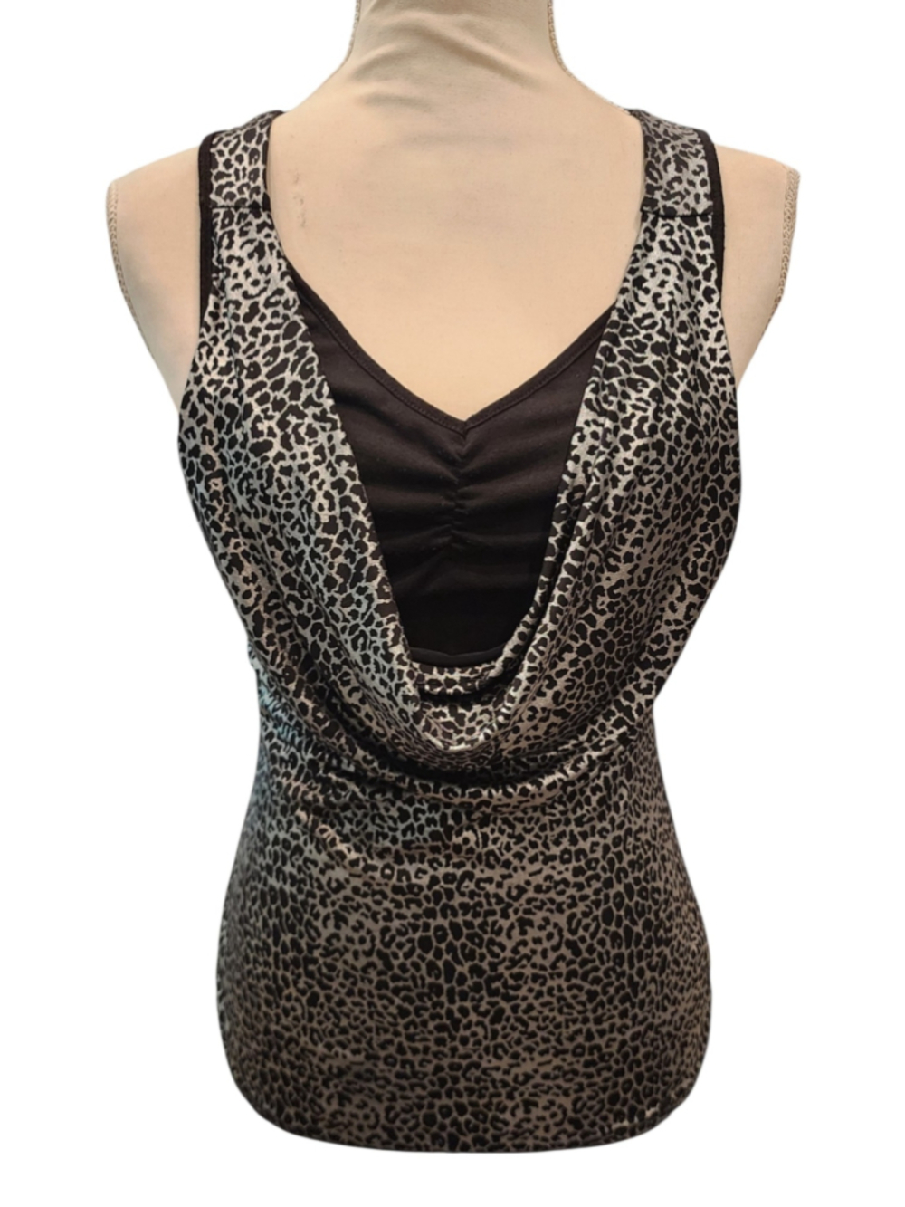 Vintage Y2K DEB Silver Metallic Leopard Cowl Neck Cami Tank Top M USA Layered
